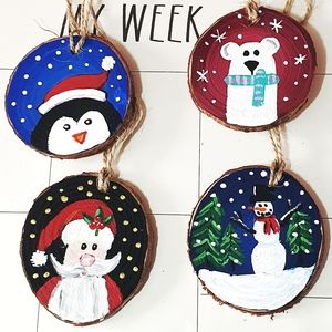 Set of 4 Hand Painted Wood Slices Ornaments